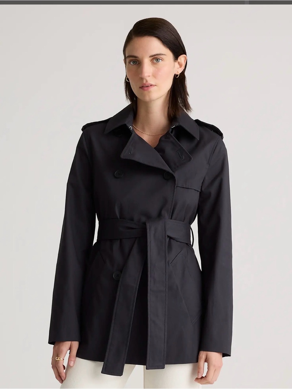 Quince Comfort Stretch Short Trench Coat Black M Double Breasted Light Weight